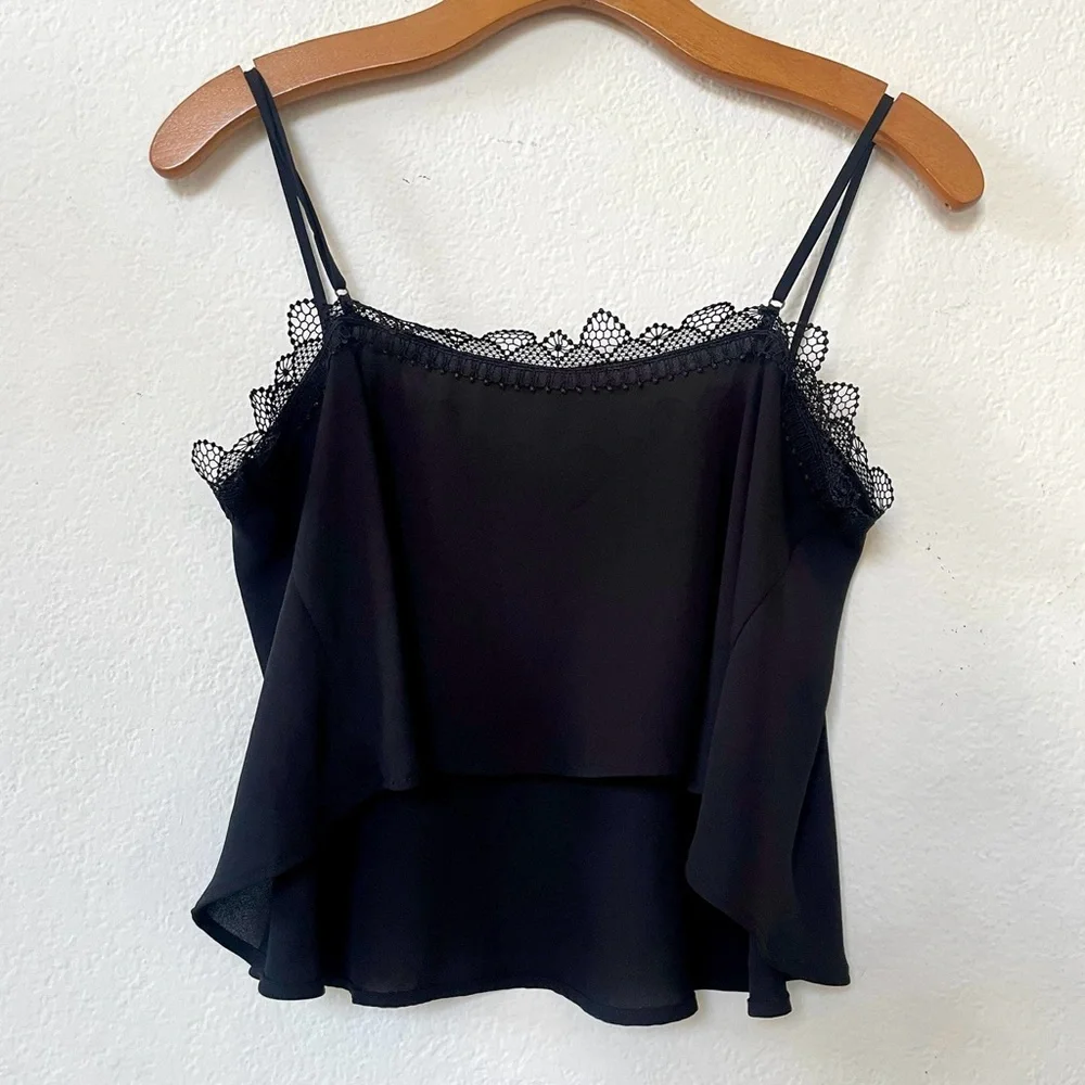 BCBG Black Lace Trim Camisole Crop Top Loose Flowy Cropped Cami tank XS NWOT - Picture 5 of 10
